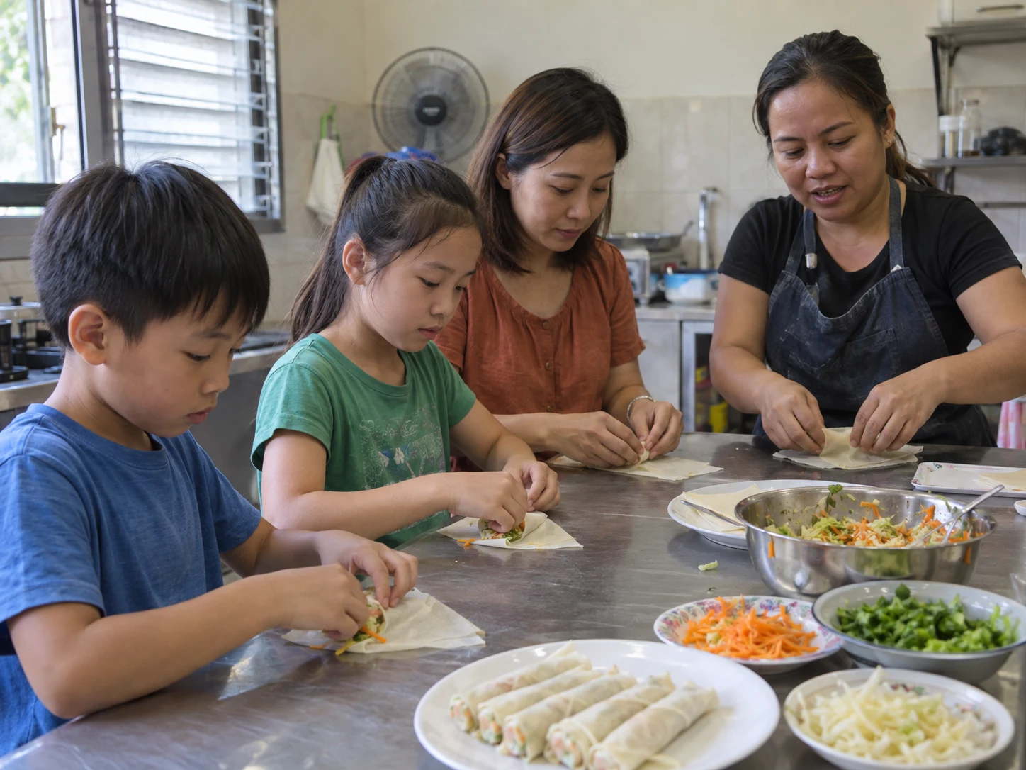 Illustration of two children and a parent learning to prepare lumpia with an instructor.