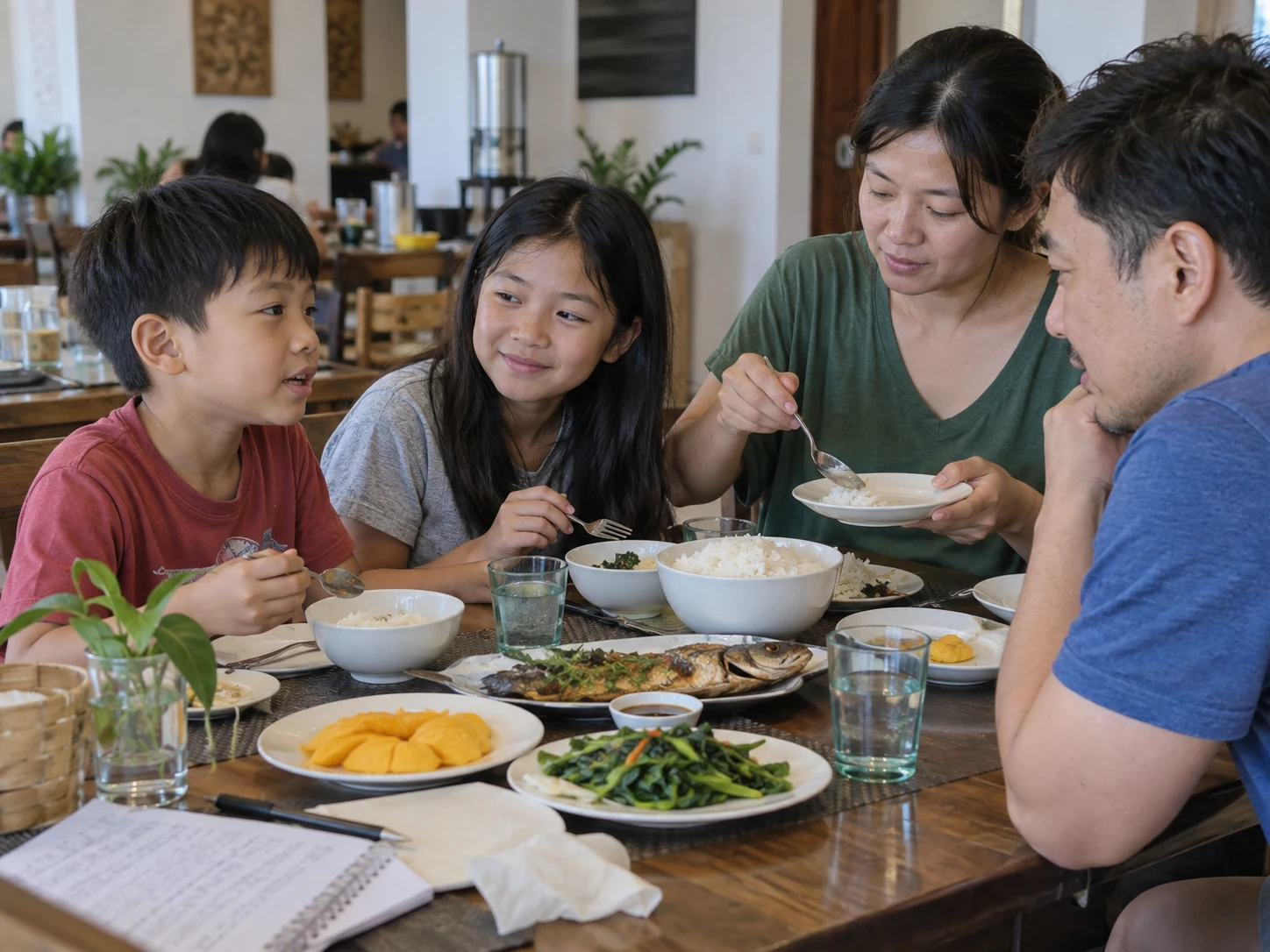 Illustration of two children and their parents sharing a meal and conversation.