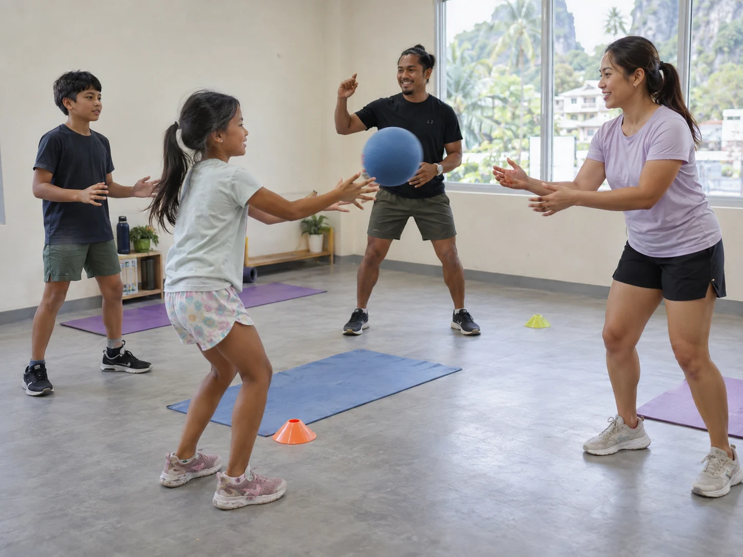 Illustration of children and a parent practising a ball warm-up with a fitness instructor.