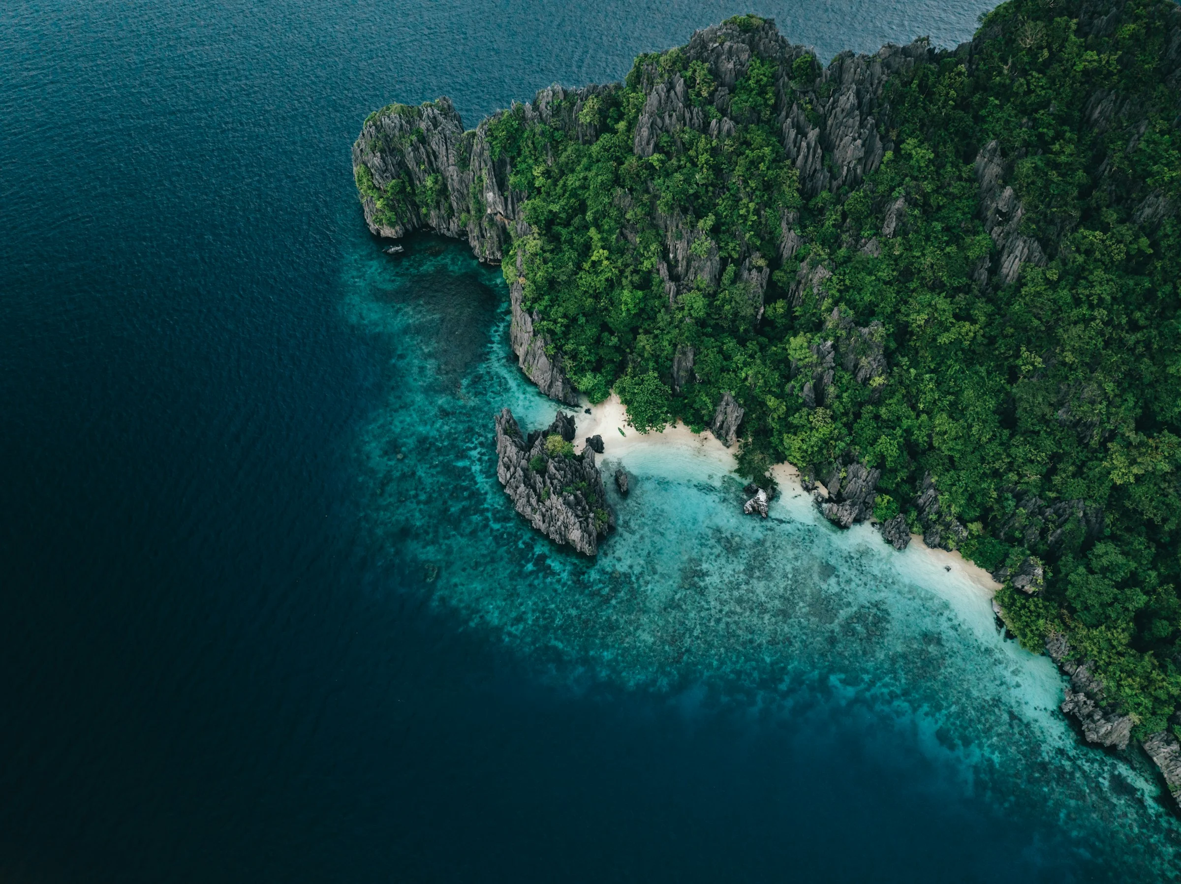 Actual aerial view of an El Nido island, with limestone cliffs, forest and a white-sand beach.